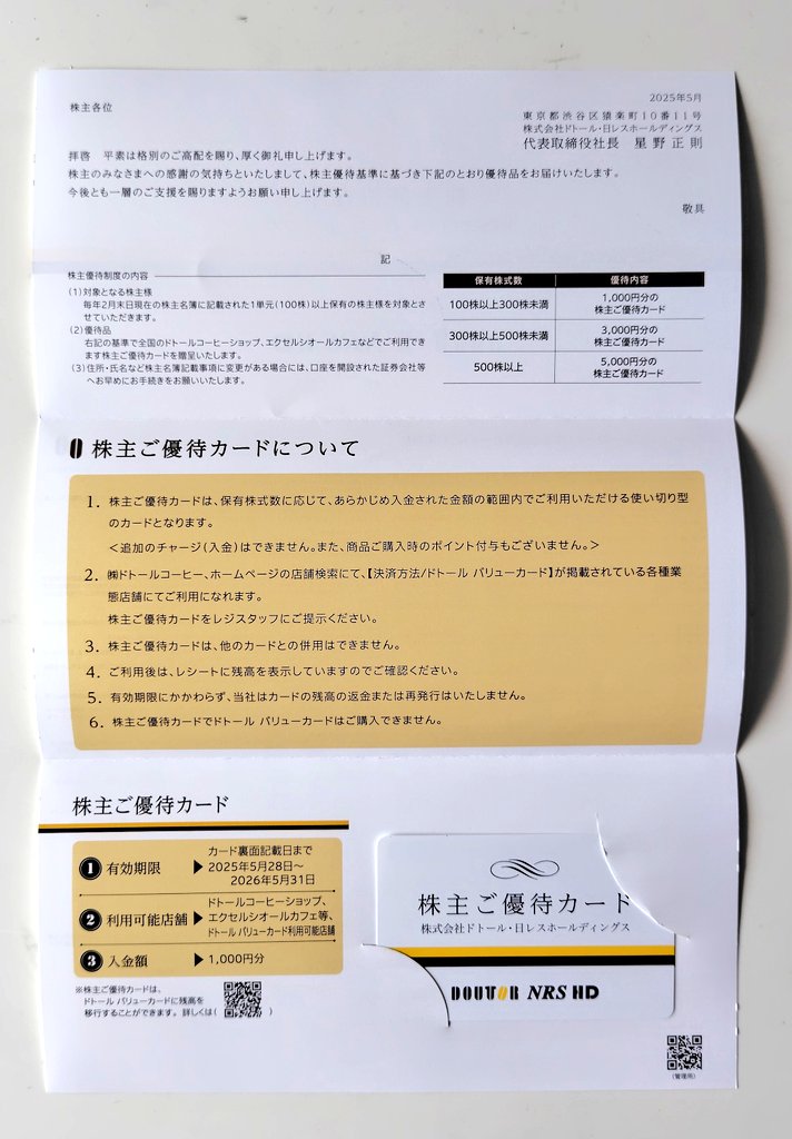 (3087)ドトールより株主優待が到着